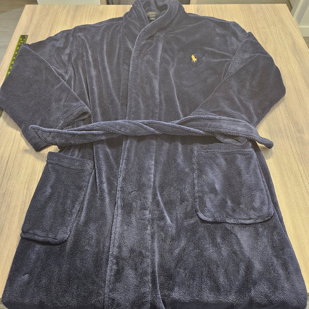 Polo Ralph Lauren Mens Navy Blue Fleece Robe Shawl Collar L/XL Yellow Pony Logo
